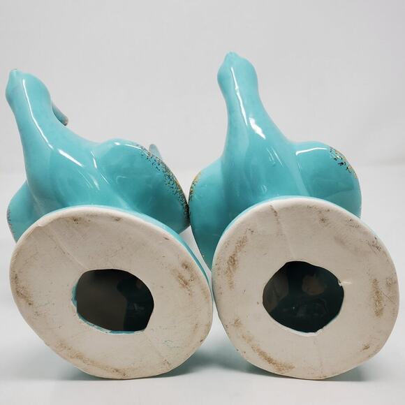 Mid-Century 50s California Pottery Turquoise Gold Pheasant Figurines Bowl - Picture 6 of 10